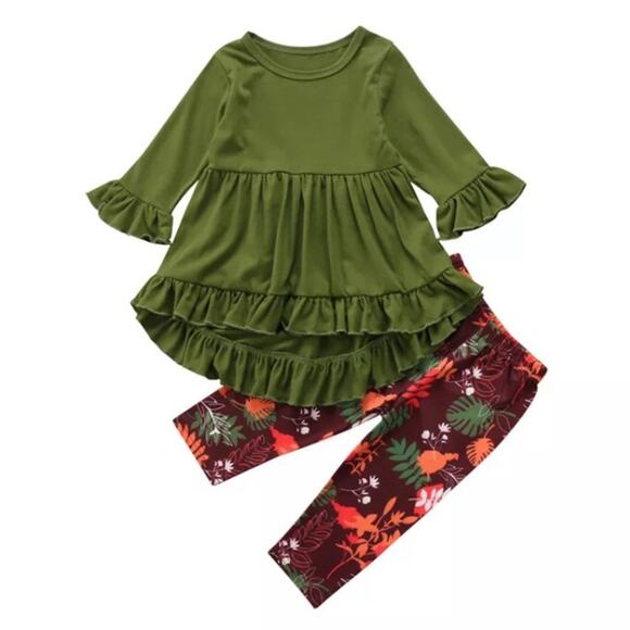Girls 3t Green Ruffle Long Sleeved With Leaf Print Pants Fall Outfit - Picture 2 of 4